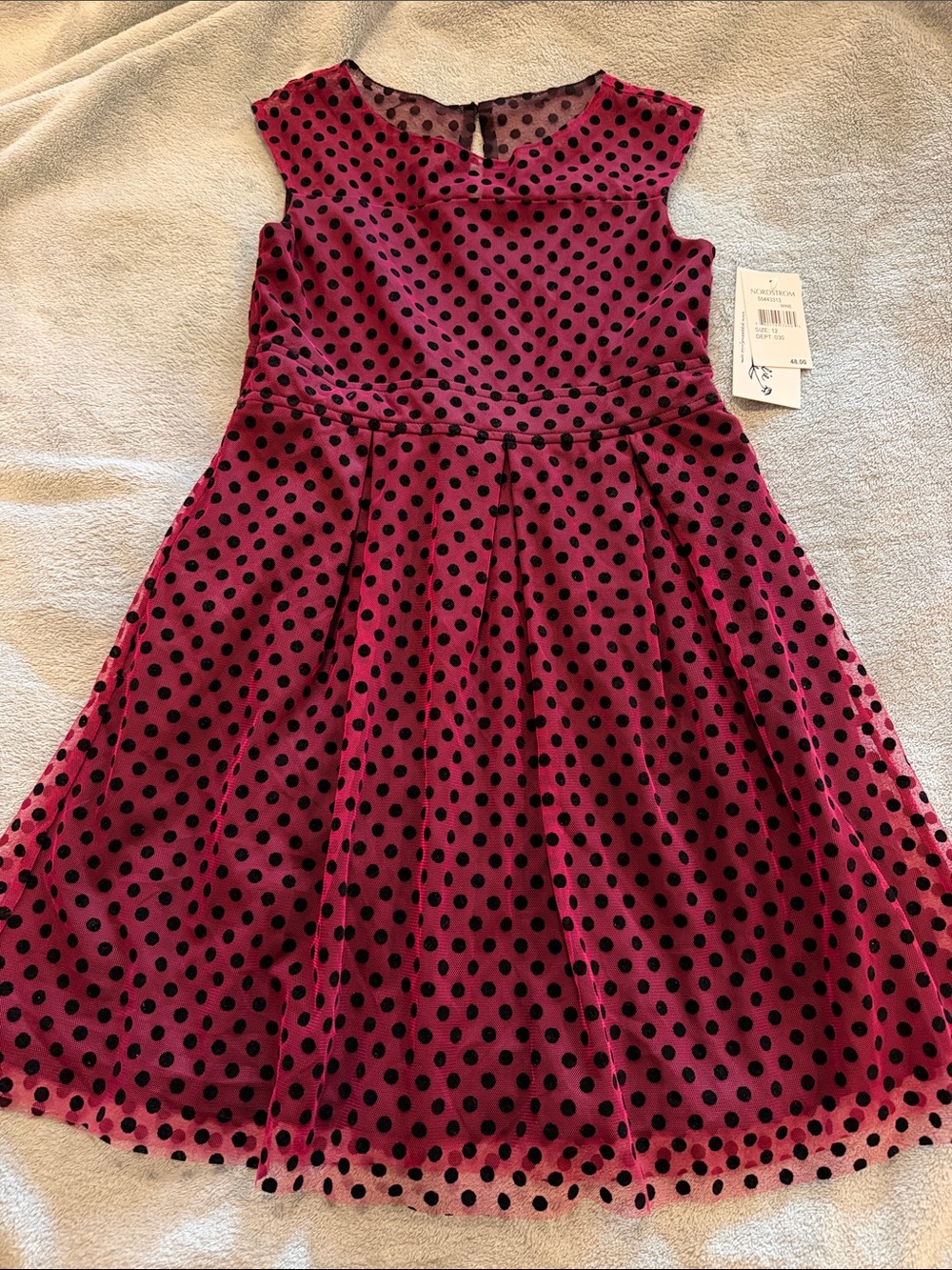Pippa & Julie Burgundy Dress with Black Velvet Polka Dots